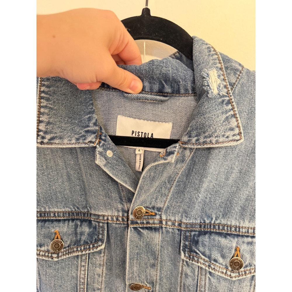 Pistola Denim Romper Medium Wash Blue Long Sleeve Distressed Utility Large - Picture 3 of 7